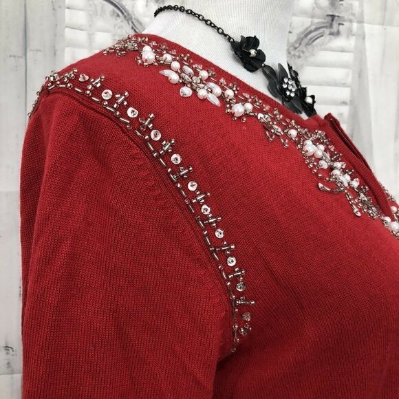Quacker Factory Small Red Pearls Sweater Sequin Zip Embellished Long Sleeve - Picture 7 of 9
